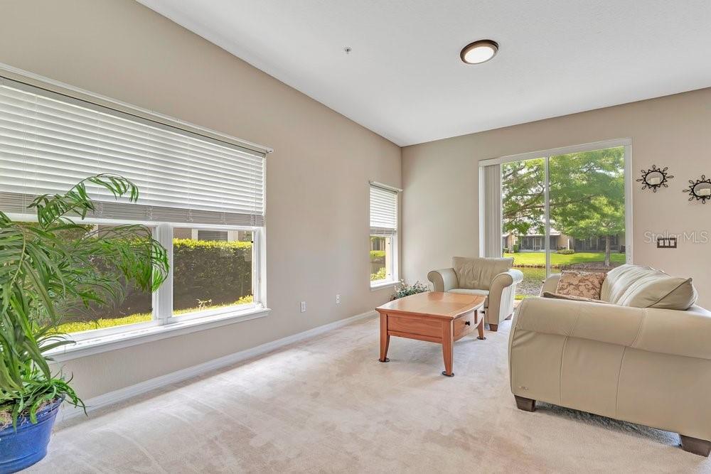 A living room features beige carpet, light-colored walls, large windows, and a sliding glass door — 617 PINEBRANCH CIRCLE, WINTER SPRINGS, FL