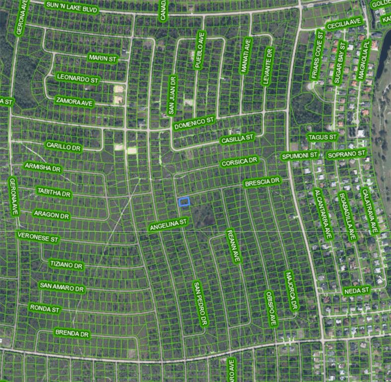 This is a satellite map showing a residential neighborhood with highlighted property lines — 4724 SAN PEDRO DRIVE, SEBRING, FL