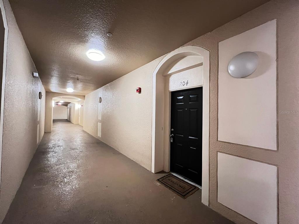 A hallway with beige walls leads to a black apartment door labeled 204 — 2484 SAN TECLA STREET UNIT 204, ORLANDO, FL