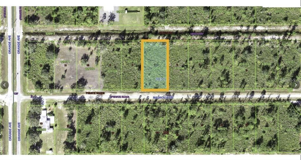 An aerial map shows a rectangular plot of land highlighted in yellow along Magnolia Drive — 714 MAGNOLIA DRIVE, INDIAN LAKE ESTATES, FL