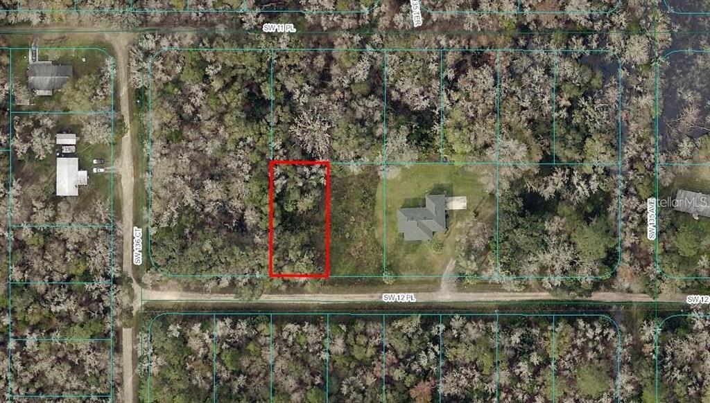 This is an aerial map view showing a rectangular vacant lot outlined in red — 13585 SW 12TH PLACE, OCALA, FL