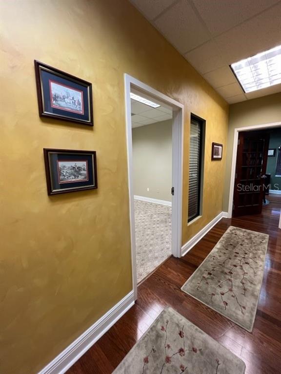 A hallway with yellow faux-finish walls, wood flooring, and two framed pictures leads to an office — 1325 S INTERNATIONAL PKWY UNIT 2221, LAKE MARY, FL