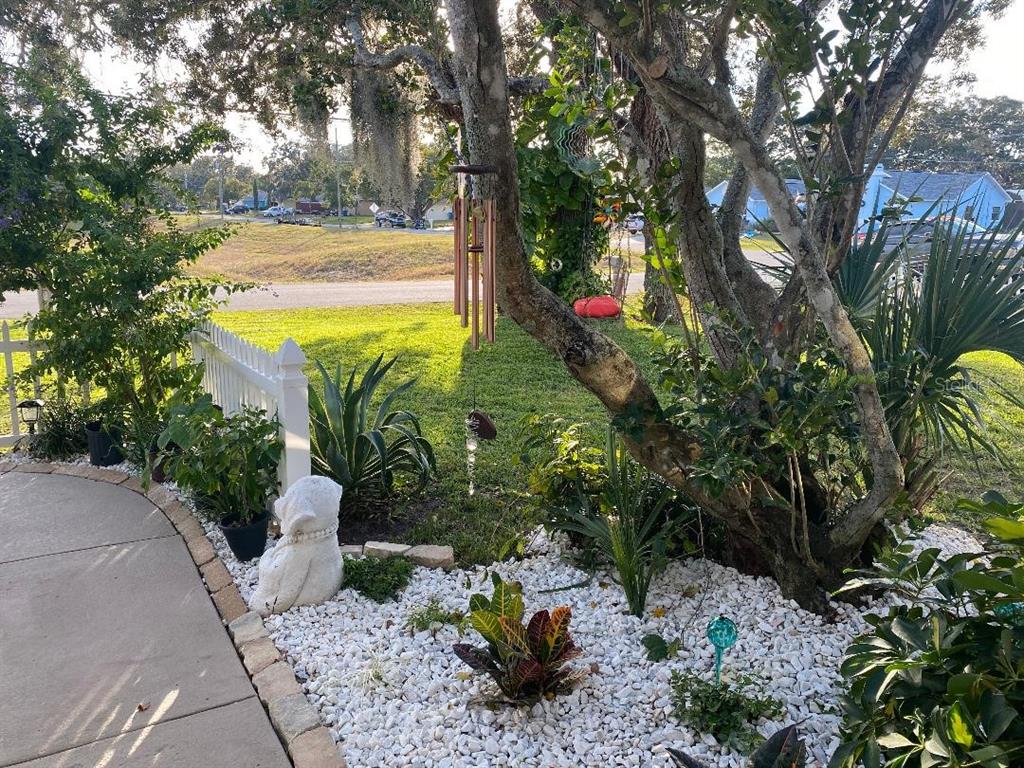 A landscaped front yard features a white picket fence, a large tree, and white gravel — 8437 GIBRALTER STREET, SPRING HILL, FL