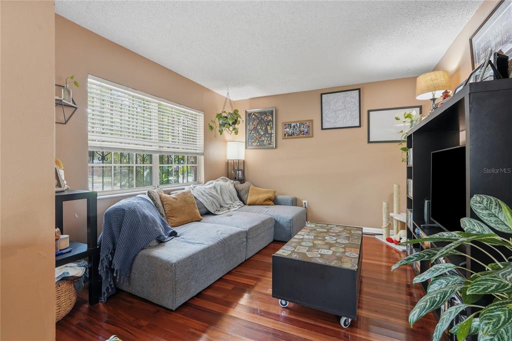 A living room features a gray sectional sofa, a coffee table on wheels, and hardwood floors — 12922 N ALBANY AVENUE, TAMPA, FL