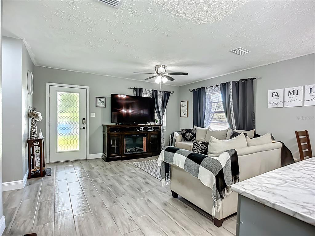 A living room features light gray walls, wood-look tile flooring, a television console, and a sofa — 8016 FORMBY STREET, RIVERVIEW, FL