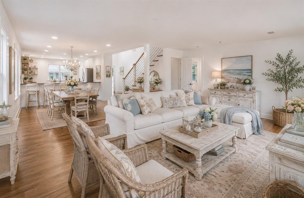An open-concept living and dining room features white slipcovered furniture, wicker chairs, and wood floors — 2738 JOHN BULL STREET, FLAGLER BEACH, FL