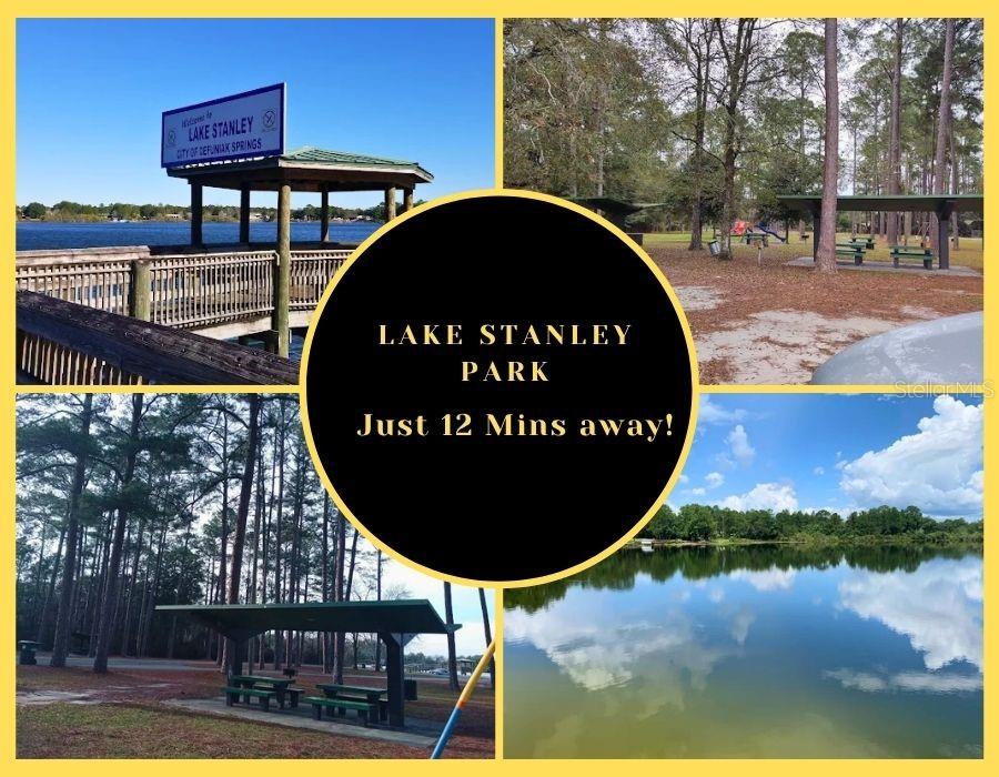 A collage of four photos shows Lake Stanley Park with a pier, picnic areas, and water — 208 KINGS LAKE BOULEVARD, DEFUNIAK SPRINGS, FL