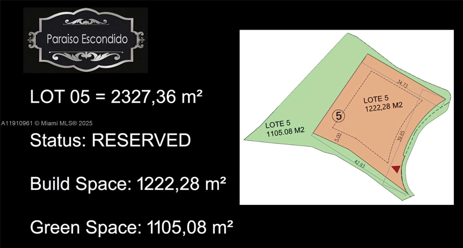 This real estate graphic displays a map and area specifications for a lot labeled 05 — Vereda Mmpuesto Sector Garrido #5, C Colombia, C