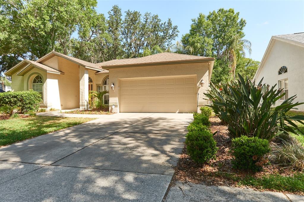A single-story house with a beige stucco exterior, a two-car garage, and a concrete driveway — 9302 HERITAGE OAK COURT, TAMPA, FL