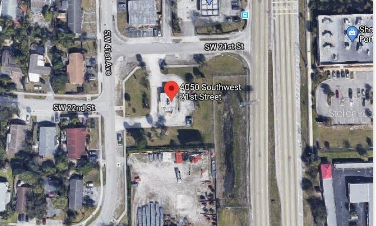 This is an aerial map view of a commercial property lot and surrounding streets — 4050 SW 21ST STREET, FORT LAUDERDALE, FL