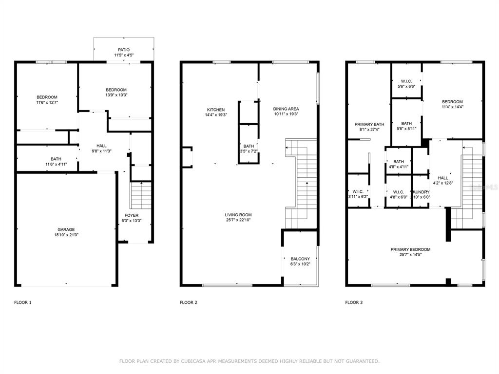 This is a three-story floor plan showing the layout of bedrooms, bathrooms, and living areas — 224 S AUDUBON AVENUE, TAMPA, FL