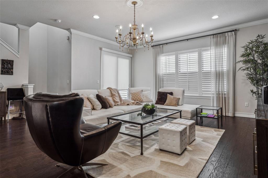 A living room features a white sectional sofa, a glass coffee table, and a chandelier — 224 S AUDUBON AVENUE, TAMPA, FL