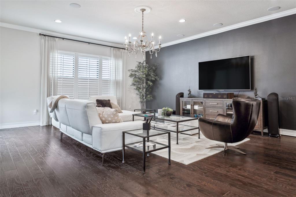 A living room features dark wood floors, a white sofa, and a dark accent wall — 224 S AUDUBON AVENUE, TAMPA, FL