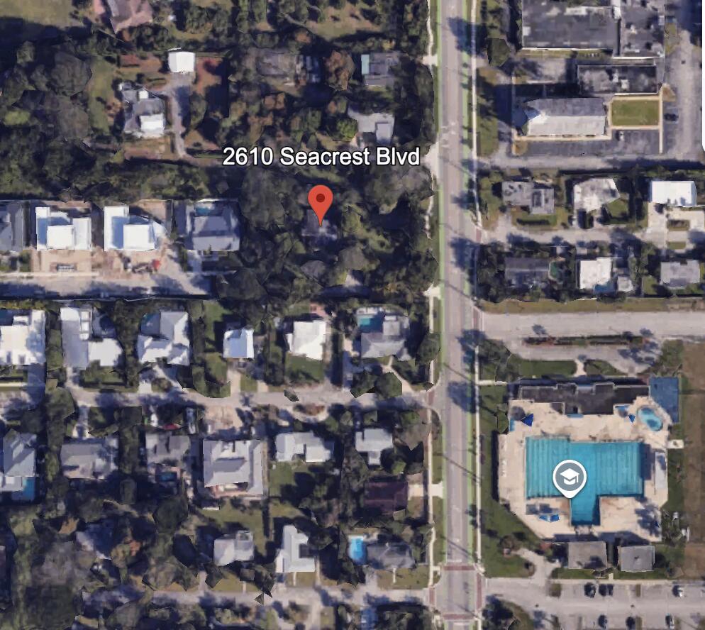 This is an aerial map view of a residential property surrounded by trees and neighborhood streets — 2610 Seacrest Boulevard, Delray Beach FL 33444, DELRAY BEACH, FL