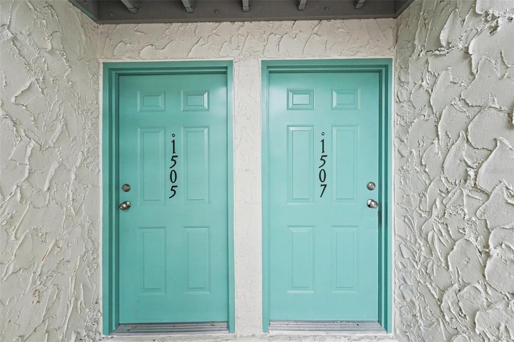 Two teal front doors with house numbers 1505 and 1507 set in a textured wall — 11409 8TH STREET N UNIT 1507, ST PETERSBURG, FL