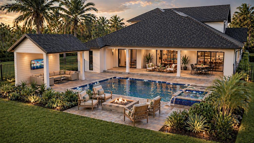 A backyard features a swimming pool, a fire pit, a covered patio, and a house — 1155 PRADO LANE, WINTER GARDEN, FL
