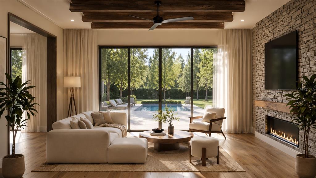This rendering shows a living room with wood beams, a stone fireplace, and pool views — 1155 PRADO LANE, WINTER GARDEN, FL