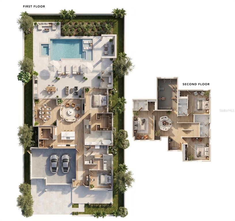 This architectural rendering shows the first and second floor plans of a luxury residential home — 1155 PRADO LANE, WINTER GARDEN, FL