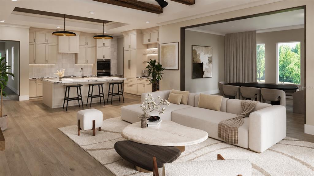 This rendering shows an open-concept living room and kitchen with neutral tones and wood flooring — 1155 PRADO LANE, WINTER GARDEN, FL
