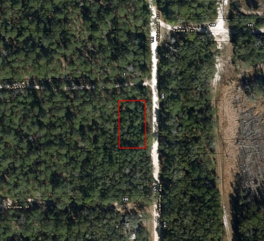 An aerial map view showing a rectangular plot of land outlined in red near Oklahoma Avenue — 0 Oklahoma Avenue, FL 32189, FL
