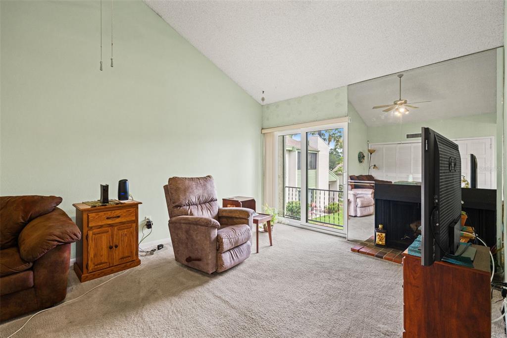 A living room features a vaulted ceiling, carpeted floors, a recliner, and a mirrored fireplace wall — 4138 PINELAKE LANE UNIT 201, TAMPA, FL