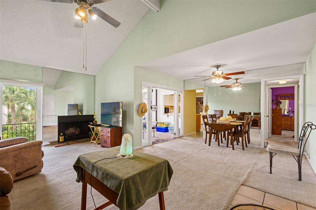 A living and dining area with carpeted floors, mirrored walls, and a vaulted ceiling — 4138 PINELAKE LANE UNIT 201, TAMPA, FL