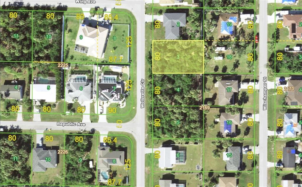 This is a satellite map view showing residential lots and streets in a neighborhood — 18116 WOLBRETTE CIRCLE, PORT CHARLOTTE, FL