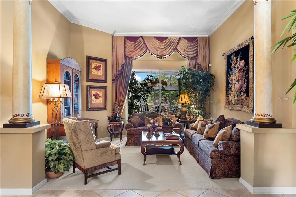A formal living room features two decorative columns, patterned furniture, and a large window treatment — 131 ALEXANDRIA PLACE DRIVE, APOPKA, FL
