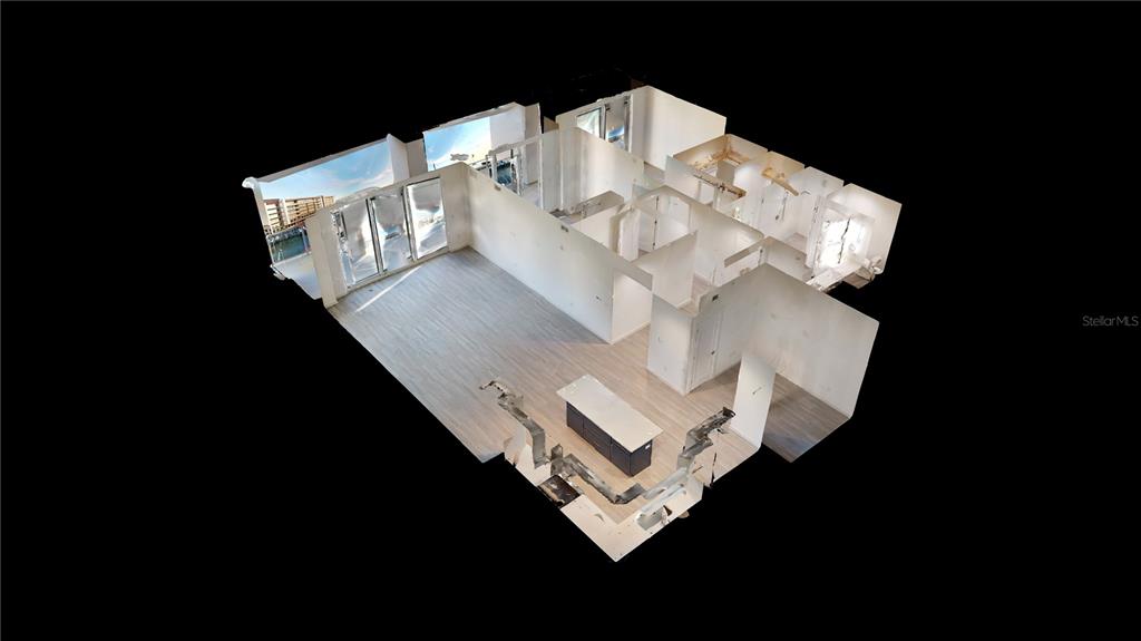 This is a 3D floor plan rendering of an apartment with an open-concept kitchen and balcony — 920 N OSCEOLA AVENUE UNIT 405, CLEARWATER, FL