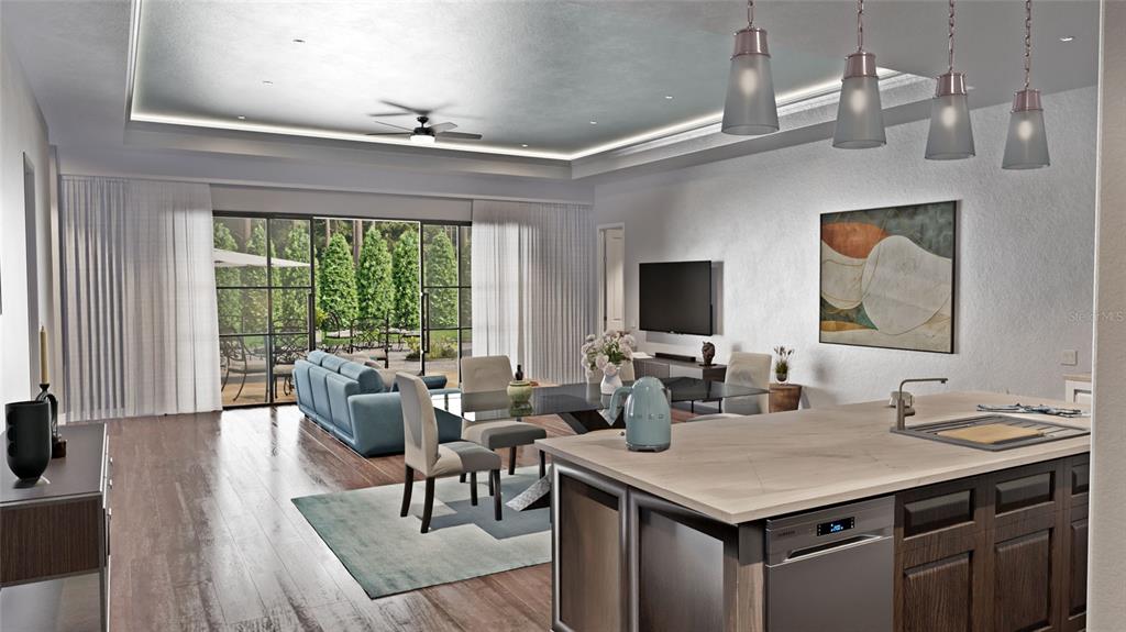 This is a rendering of an open-concept living and dining area with a kitchen island — 8259 TRACY CIRCLE, PORT CHARLOTTE, FL