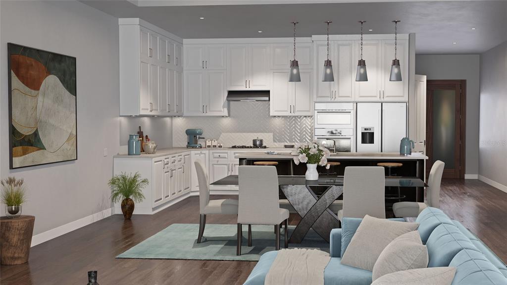 This rendering shows an open-concept kitchen with white cabinetry, a dining area, and living space — 8259 TRACY CIRCLE, PORT CHARLOTTE, FL