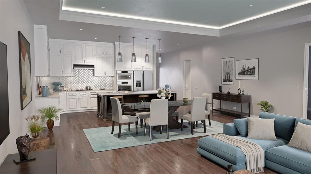 This rendering shows an open-concept kitchen, dining area, and living room with modern finishes — 8259 TRACY CIRCLE, PORT CHARLOTTE, FL