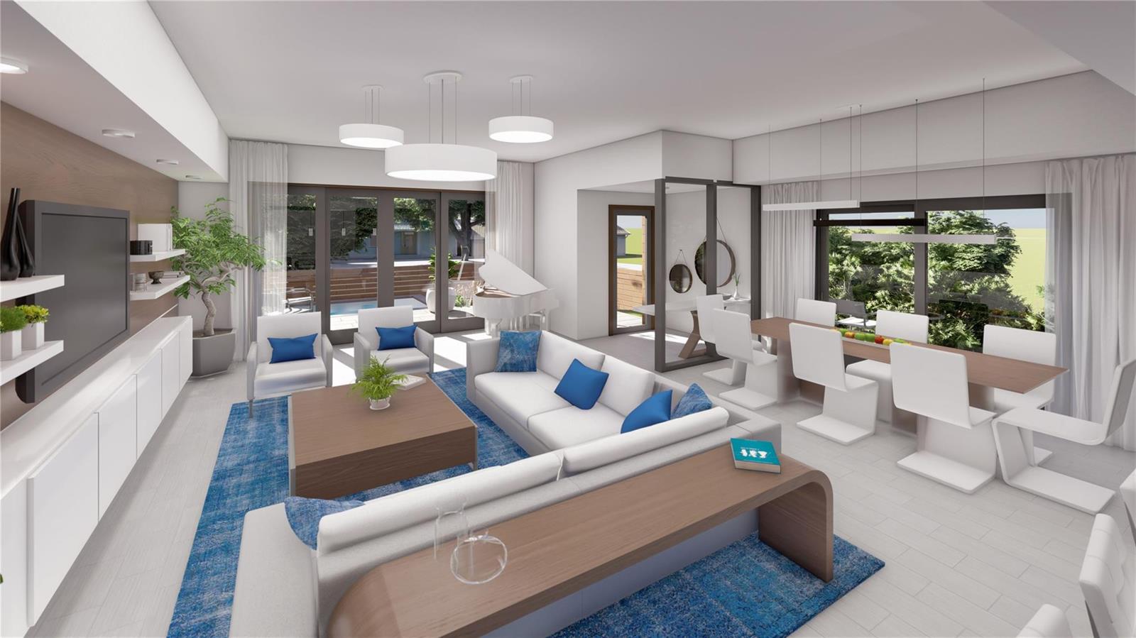 This is a rendering of a modern open-concept living and dining area with white furniture — 3871 NE 23rd Avenue # B, Lighthouse Point FL 33064, LIGHTHOUSE POINT, FL
