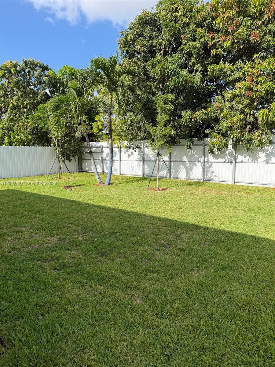 A grassy backyard features a white fence, several palm trees, and a large mango tree — 831 SE 9th Ave, Hialeah FL 33010, HIALEAH, FL