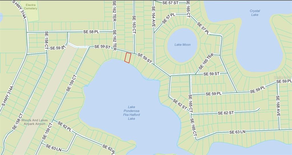This image is a map showing residential streets and lakes in a neighborhood — 0 SE 59TH PLACE, OCKLAWAHA, FL