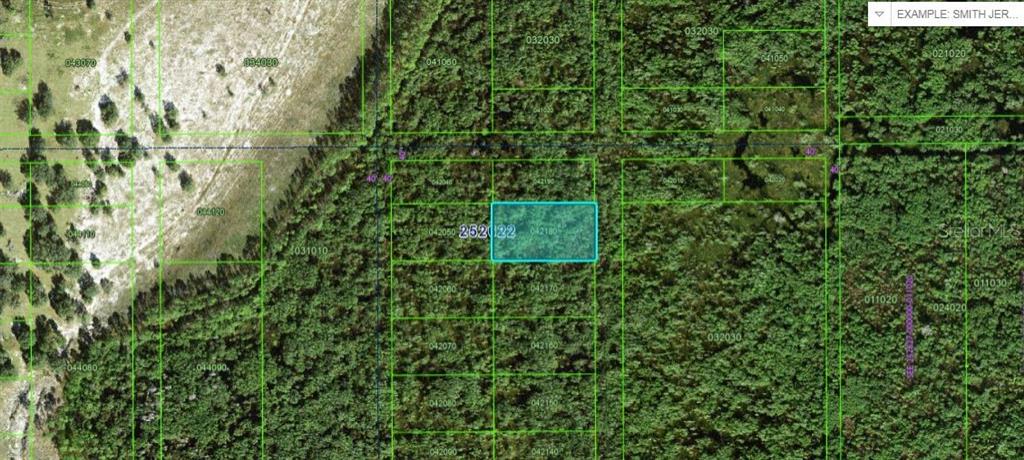 This is a map showing a highlighted rectangular parcel of land surrounded by wooded terrain — COMMONWEALTH AVE N, POLK CITY, FL
