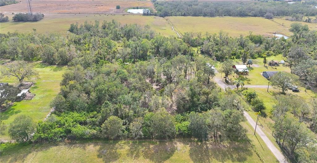 An aerial view shows a wooded lot surrounded by grassy fields and nearby rural houses — 16678/16620 WATERLINE ROAD ROAD, BRADENTON, FL