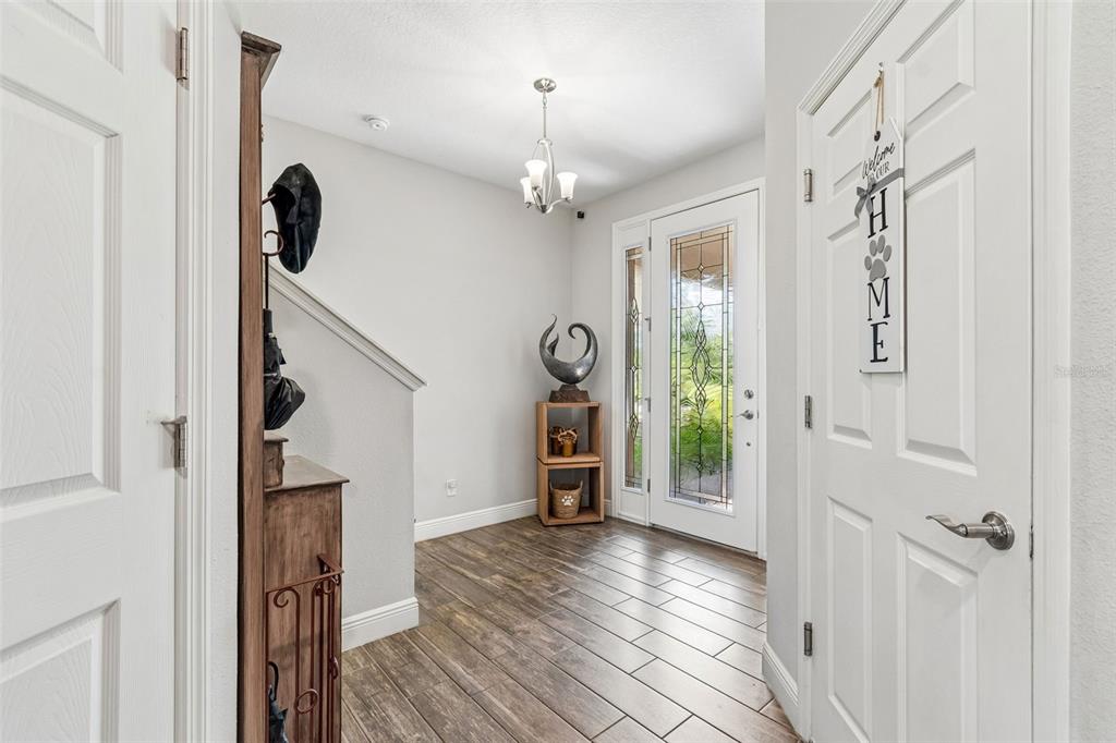 An entryway features wood-look tile flooring, a staircase, a front door with glass, and decor — 17576 TERRAZZO WAY, LAND O LAKES, FL