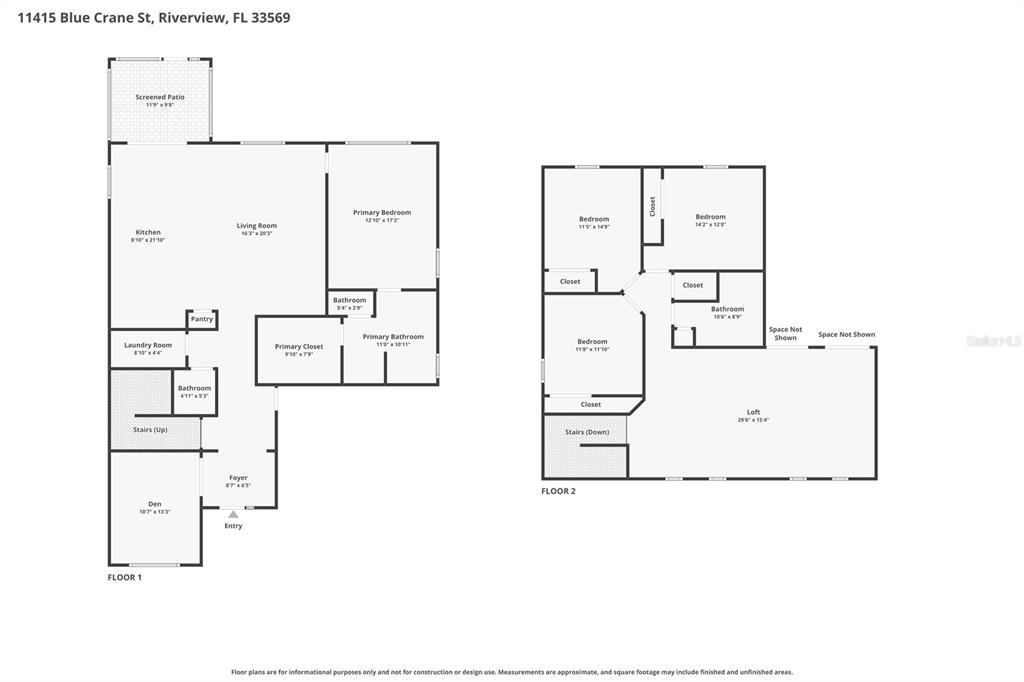 This is a two-story floor plan showing the layout of rooms, bathrooms, and stairs — 11415 BLUE CRANE STREET, RIVERVIEW, FL