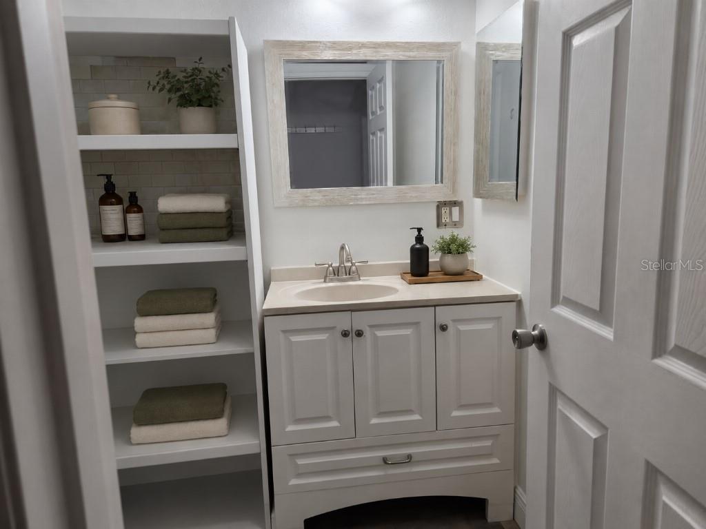 A bathroom features a white vanity, a framed mirror, and built-in open shelving with towels — 1005 N BRACEWELL DRIVE, PLANT CITY, FL