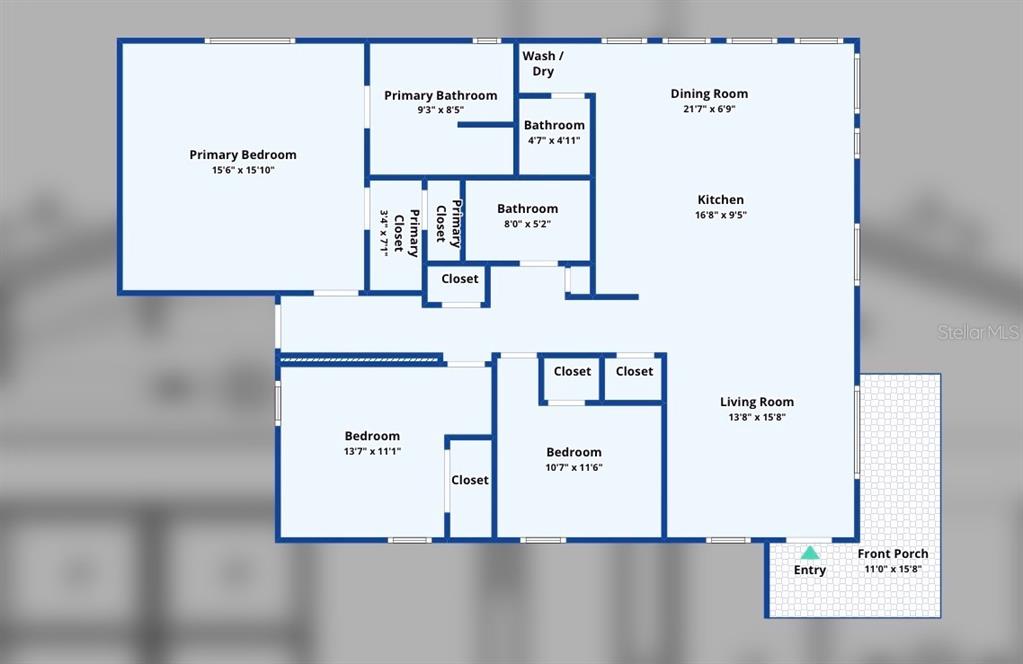 This is a floor plan showing a three-bedroom, two-bathroom house layout with an attached porch — 860 N DENNING DRIVE, WINTER PARK, FL