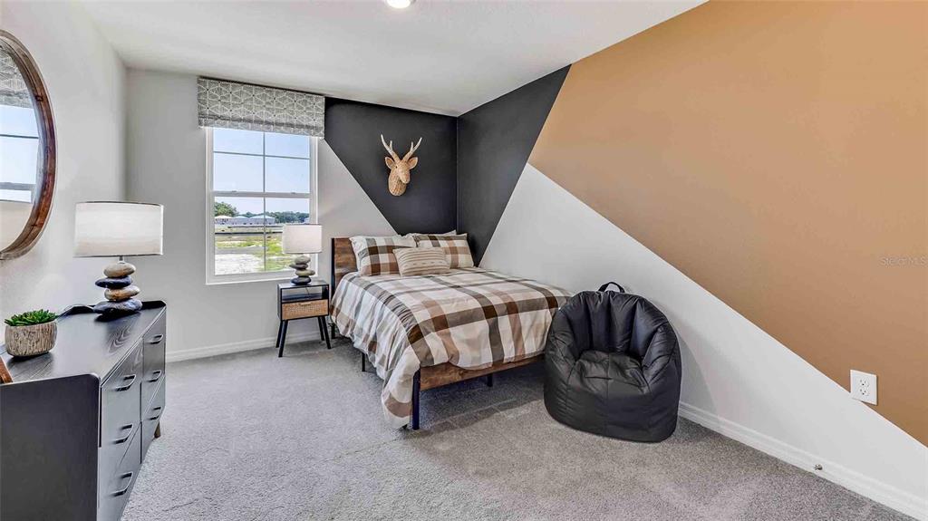 A bedroom features a bed with plaid bedding, a black beanbag chair, and geometric wall paint — 17950 ACORN DROP ROAD, LAND O LAKES, FL