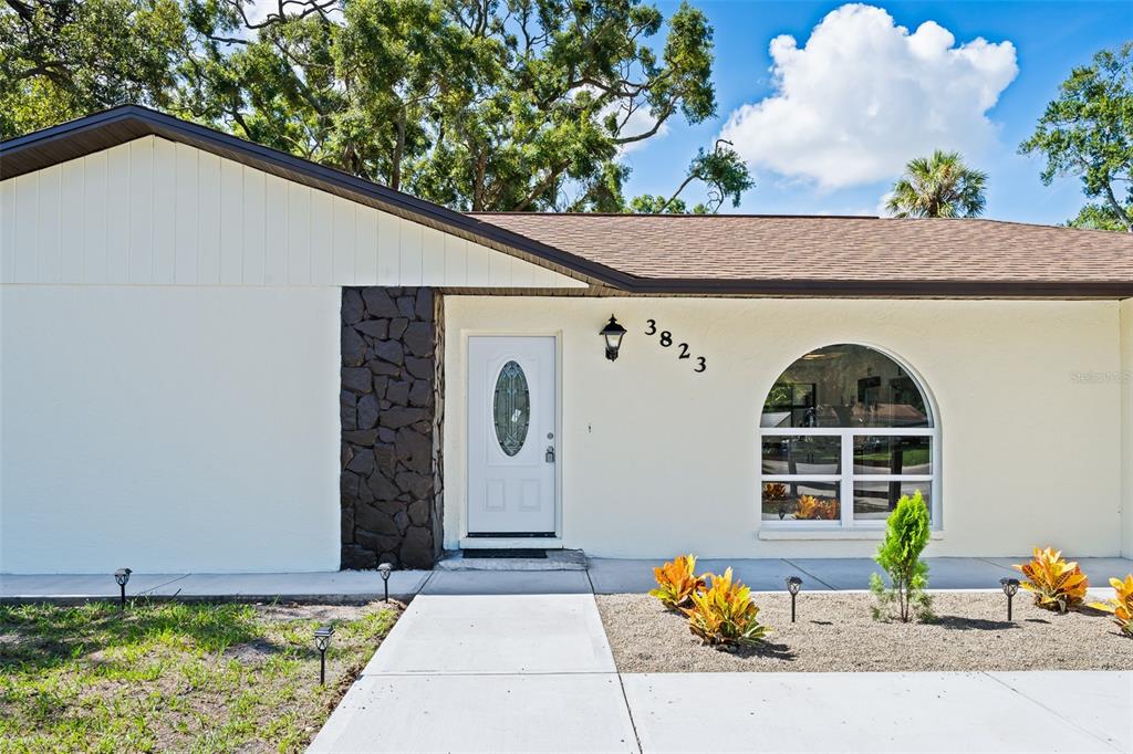The exterior of a single-story house features white stucco walls, a dark stone accent, and landscaping — 3823 E NORFOLK STREET, TAMPA, FL