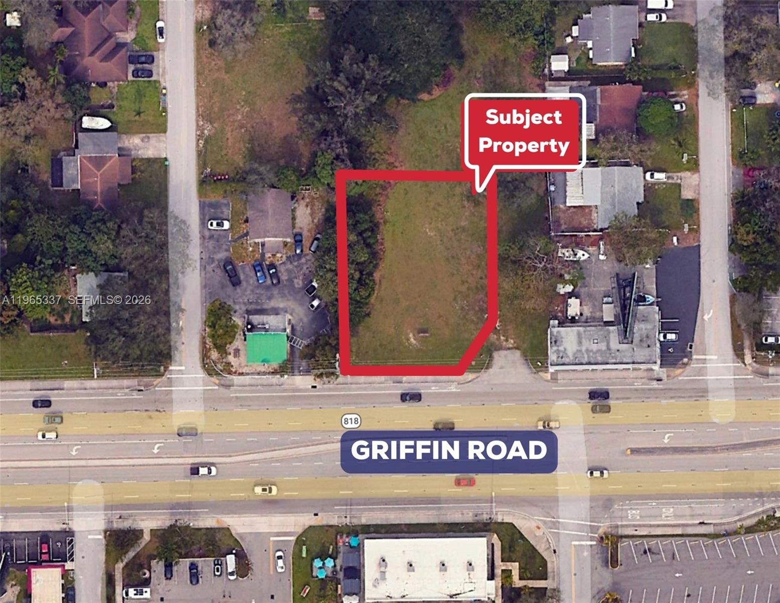 This aerial map shows a vacant rectangular lot located along a multi-lane road — 2621 Griffin Rd, Dania Beach FL 33312, DANIA BEACH, FL