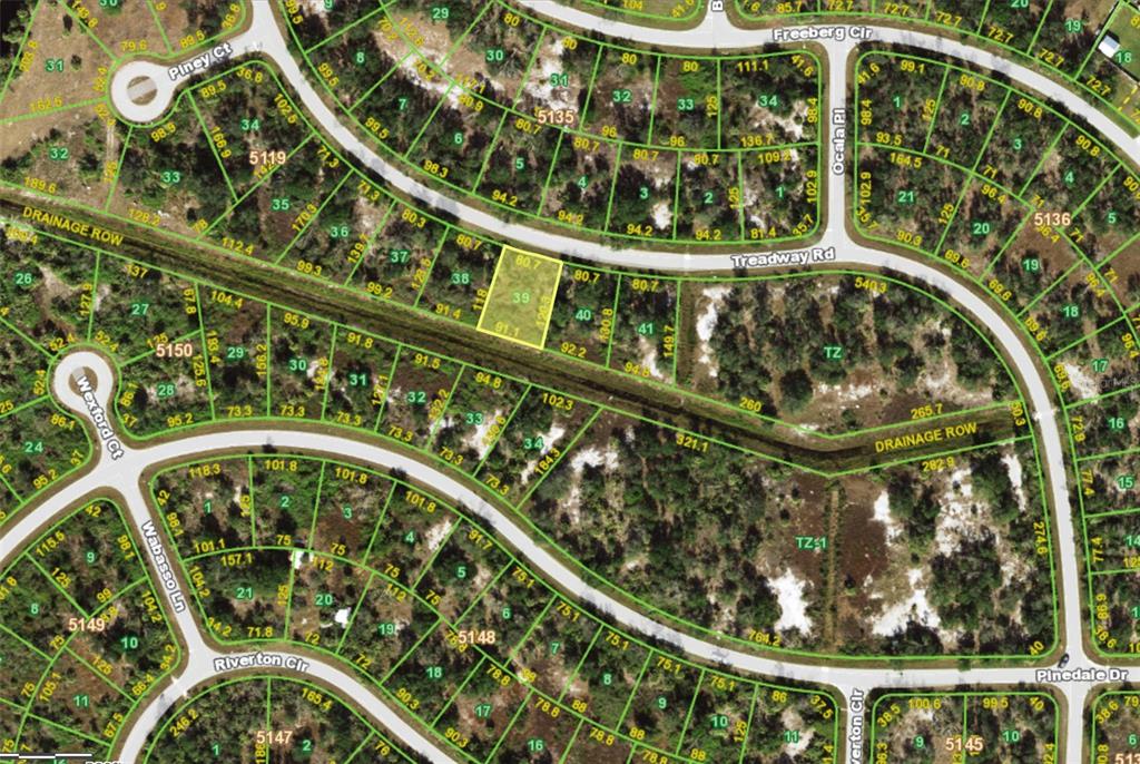 This is a satellite map showing residential lots, streets, and wooded areas — 7197 TREADWAY ROAD, PORT CHARLOTTE, FL