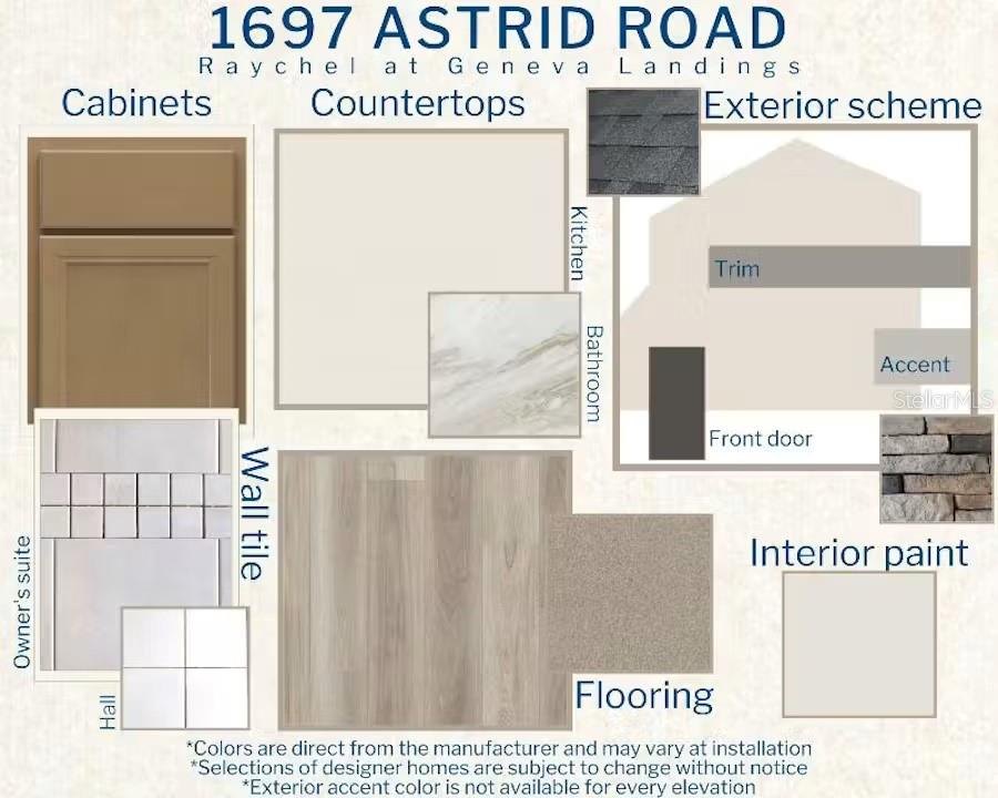 This design board displays samples of cabinets, countertops, tiles, flooring, and exterior finishes for a home — 1697 ASTRID ROAD, DAVENPORT, FL
