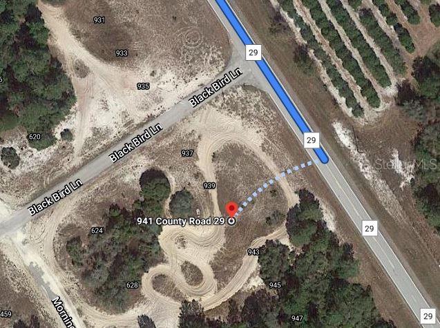 This is an aerial map view showing a vacant lot near a road intersection — 941 COUNTY ROAD 29, LAKE PLACID, FL