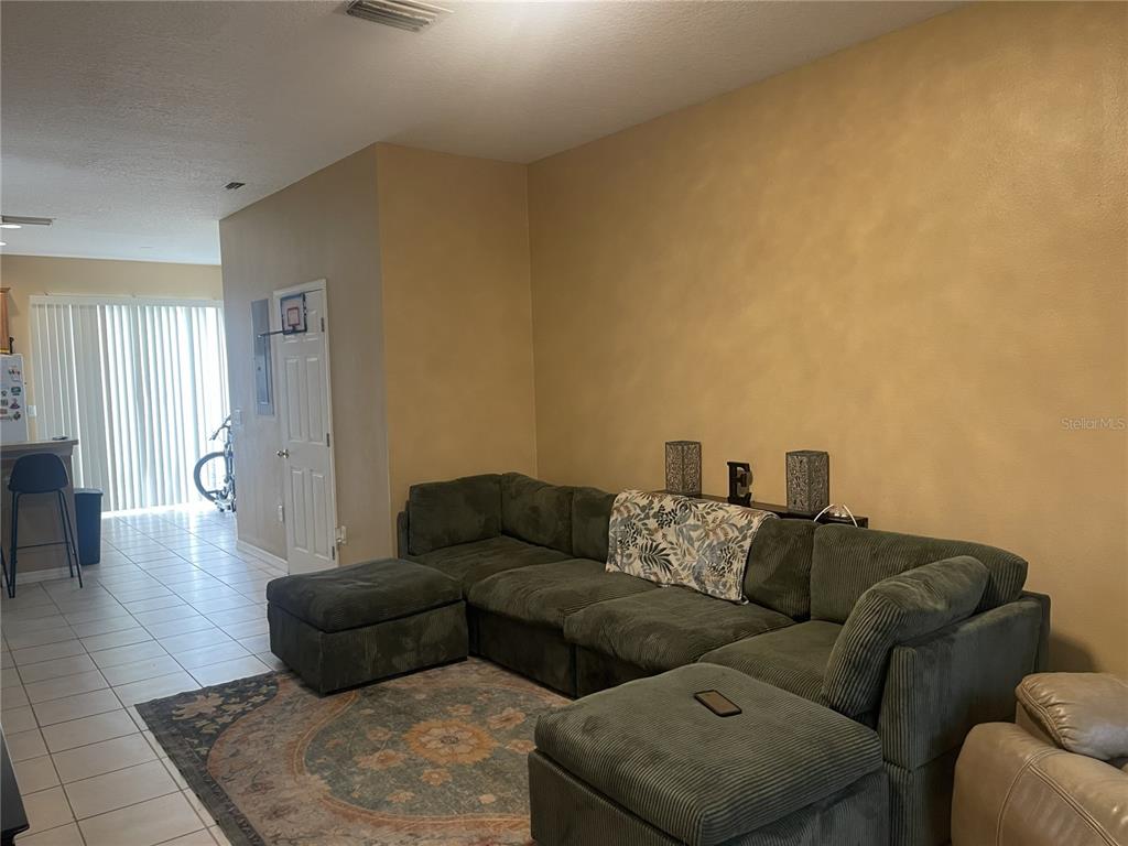 A living room features a large green sectional sofa on a patterned area rug — 11517 DECLARATION DRIVE, TAMPA, FL