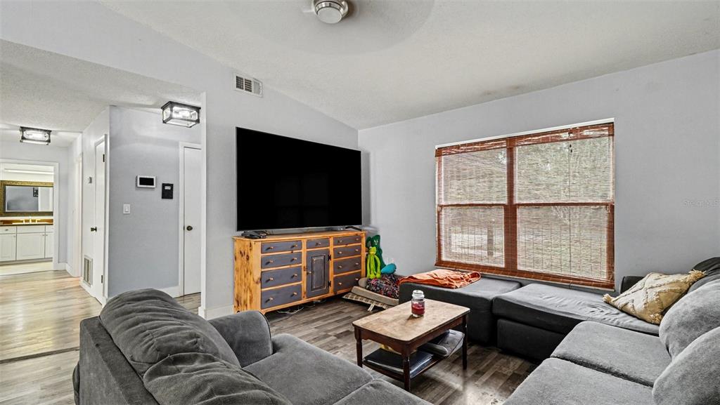 A living room features gray walls, wood-look flooring, a large television, and a gray sectional — 11699 W INDIAN CIRCLE, CRYSTAL RIVER, FL