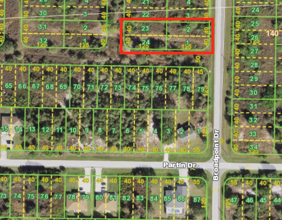 This is a map showing a grid of residential land parcels with a highlighted section — 1616/1999 COASTAL/BROADPOINT DRIVE, PUNTA GORDA, FL
